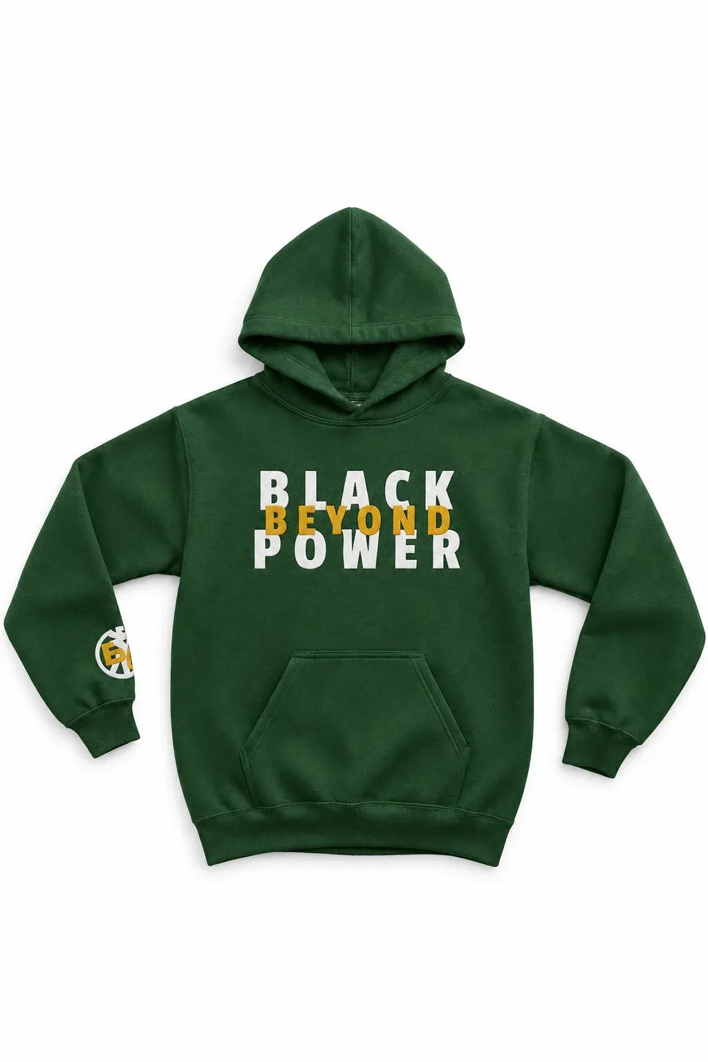 A dark green pullover hoodie with a front kangaroo pocket and a graphic print on the chest reading 'BLACK BEYOND POWER' in white and yellow. A small circular logo is printed on the left sleeve.